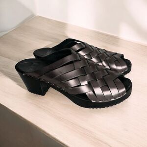 Sven Wooden Clogs Womens 9,5-10(40) Silver Black  Woven Open Toe Swedish Sandals